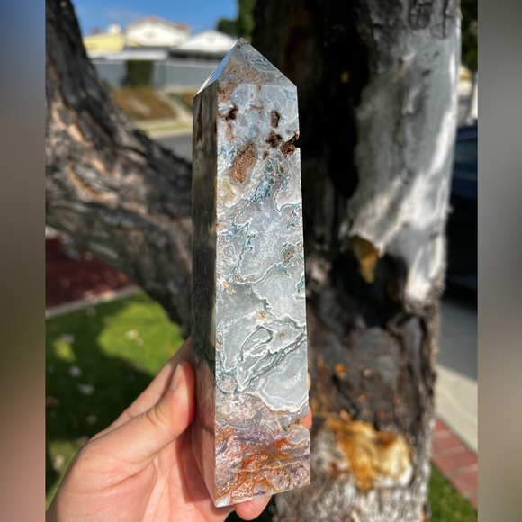 Rare Pink Moss Agate Tower With Druzy Pockets and Quartz - Picture 3 of 7